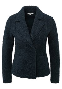 Tmavě modrý texturovaný blejzr s klopovým límcem, dlouhými rukávy a dvěma předními kapsami, vyrobený z měkké, chlupaté látky. Přiléhavý střih.