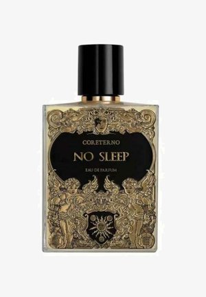 Bottiglia di profumo in vetro trasparente con elaborati dettagli dorati, etichetta nera con la scritta "NO SLEEP" e un tappo nero. Design elegante con cherubini.