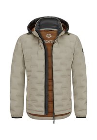 Helle beige Daunenjacke mit abnehmbarem Kopfteil, schwarzem Reißverschluss und braunem Innenfutter; weist ein gestepptes Muster und Seitentaschen auf.