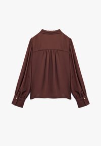 Blusa marrone a maniche lunghe con colletto, dettaglio arricciato nella parte posteriore e polsini a bottone. Realizzata in tessuto morbido con una vestibilità comoda.