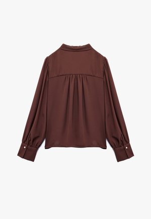 Blusa marrón de manga larga con cuello, detalle fruncido en la parte de atrás y puños con botones. Confeccionada en una tela suave y con un corte relajado.