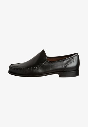 Schwarzer Leder-Pantoffel mit runder Zehenpartie, gestickten Details an der Vorderseite und einem niedrigen Absatz. Glatte Textur mit minimales Akzenten.