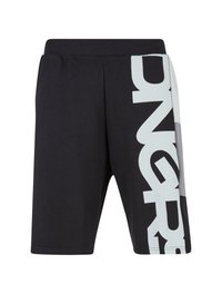 Black athletic shorts featuring a large light blue graphic print on the left side and a comfortable elastic waistband.