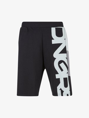 Mustad mustreeritud lühikesed spordipüksid, mille vasakul küljel on suur helesinine graafiline trükk ja mugav elastne vöökoht.