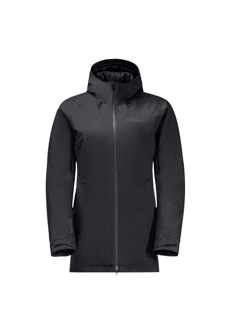 Schwarze wasserdichte Jacke mit Kapuze, Frontreißverschluss und zwei Seitentaschen. Glatte Textur mit einem Logo auf der Brust. Design geeignet für Outdoor-Aktivitäten.