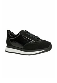 Schwarzer Sneaker mit einer glänzenden Lacklederplatte und einem strukturierten Wildleder-Obermaterial. Gummisohle mit einem weißen Akzent und klassischem Schnürdesign.