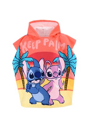 Kinder-Kapuzenhandtuch mit blauen und pinken Cartoon-Figuren, Palmen, Sonnenuntergangshintergrund und dem Text „KEEP PALM“ auf korallenrotem und gelbem Stoff.