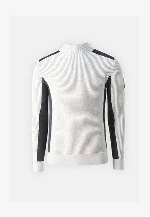 Ribbed white sweater with a high collar, featuring black quilted side panels and fitted sleeves. Textured knit for a dynamic appearance.
