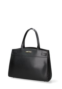 Borsa a tracolla nera in pelle con due manici e un design strutturato. Presenta un logo in rilievo dorato sul davanti e una superficie liscia e lucida.