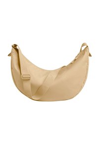 Borsa a spalla beige realizzata in tessuto resistente, caratterizzata da una forma a mezza luna, tracolla regolabile e superficie liscia con dettagli di cucitura minimi.