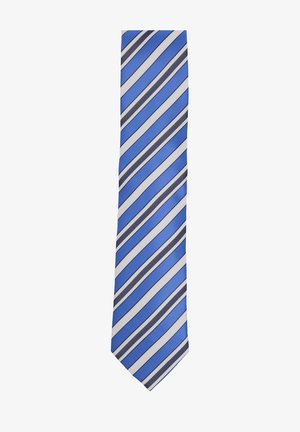 Blue striped tie featuring alternating wide and narrow stripes in navy and white on a smooth silk-like fabric.