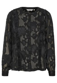 Blusa nera trasparente con ricami floreali, accenti di volant strutturati, scollo rotondo e chiusura frontale con bottoni. Maniche lunghe con polsini aderenti.