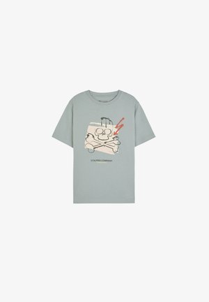 Light blue cotton t-shirt with a relaxed fit, featuring a graphic of a skull and crossbones with a lightning bolt in the center.