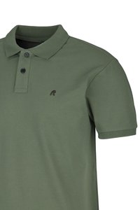 Grünes Polo-Shirt mit kurzen Ärmeln, zwei schwarzen Knöpfen und kleinem gestickten Logo auf der linken Brust.