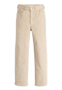 Pantaloni in velluto a coste beige con design a gamba dritta, tasche frontali e chiusura a bottone. Morbida texture con motivo a coste verticali.