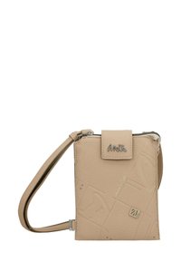 Beige strukturiert Umhängetasche mit geprägtem abstraktem Design, frontale Klappe mit "Anekke" Metalllogo und verstellbarem Schultergurt.
