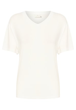 Vit V-ringad t-shirt med korta ärmar, tillverkad av mjukt tyg, med avslappnad passform och minimalistisk design. Inga synliga mönster eller accenter.