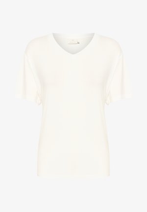 Camiseta blanca de cuello en V con mangas cortas, hecha de tela suave, con un corte relajado y diseño minimalista. Sin patrones ni adornos visibles.