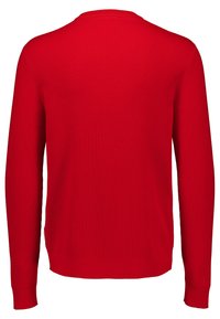 Maglione rosso a maniche lunghe con costine, visto da dietro, dotato di scollatura rotonda e polsini aderenti.