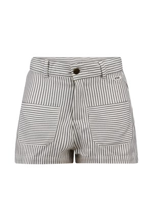 Gestreepte shorts met een hoge taille, gemaakt van lichtgewicht stof. Beschikt over twee grote voorzakken met horizontale streepaccenten en een metalen knoop.