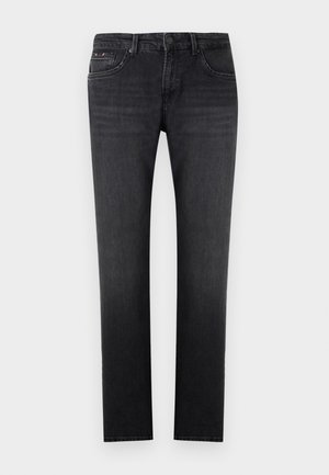 Rechte zwarte denim jeans met lichte vervaging, vijfzakkenstijl, knoopsluiting en riemlussen.