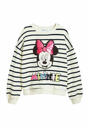 Csíkos kapucnis pulóver krém színű háttérrel, fekete csíkokkal, Minnie Mouse flitteres grafikájával és színes "MINNIE" felirattal.