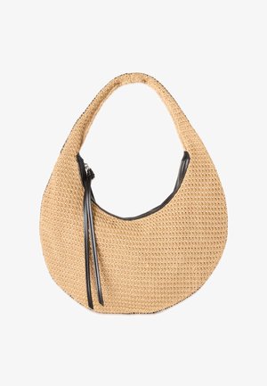 Sac à main en paille tissée en forme de croissant avec une seule bandoulière et une fermeture éclair noire avec deux pampilles en cuir.