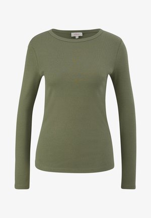 Langarmshirt in olijfgroen, gemaakt van zachte stof. Heeft een ronde halslijn en een getailleerd ontwerp, met nette stiksels en zonder patronen.
