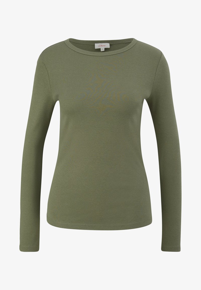 Tričko s dlhým rukávom v olivovo zelenej farbe, vyrobené z mäkkej látky. Má okrúhly výstrih a priliehavý strih, s čistým šitím a bez vzorov.