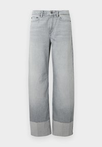Lysegrå jeans i denim med vide ben, utstyrt med dobbel brettet mansjett og subtil falming. Standard knappe- og glidelåslukking foran.