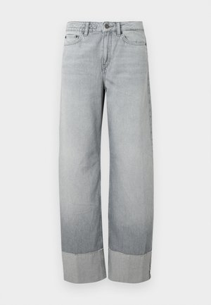 Lysegrå jeans i denim med vide ben, utstyrt med dobbel brettet mansjett og subtil falming. Standard knappe- og glidelåslukking foran.