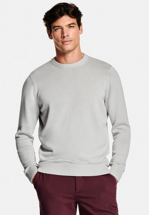 Pull gris clair avec un col rond et des poignets côtelés. Texture douce, design ajusté, associé à un pantalon bordeaux.