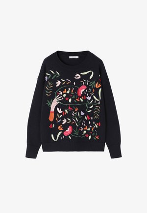 Marinblå sweater med rund halsudskæring, prydet med farverig blomsterbroderi i forskellige former og størrelser på forsiden, samt ribmærker ved ærmerne.