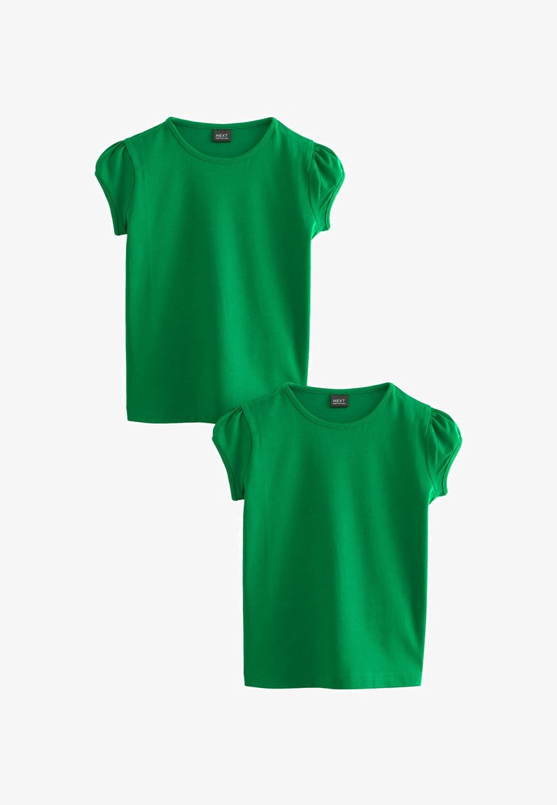 T-shirts verts à manches courtes avec un col rond et des manches bouffantes. Fabriqués en coton avec une texture lisse, comportant un ourlet cousu et une étiquette.