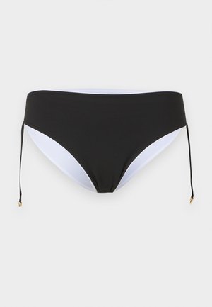 Čierne spodné diely bikin s bielou vnútornou podšívkou a nastaviteľnými bočnými šnúrkami so zlatými kovovými koncami na svetlom pozadí.