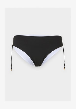 Fekete bikini alsó fehér bélésréteggel és állítható oldalsó megkötőkkel, aranyszínű fémvégekkel, világos háttéren.