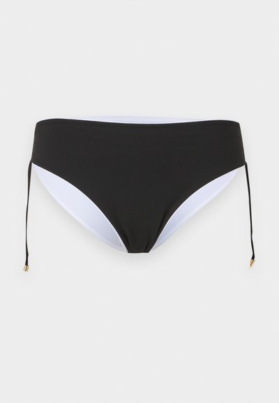 Μαύρο κάτω μέρος μπικίνι με λευκή εσωτερική επένδυση και ρυθμιζόμενους πλαϊνούς δεσμούς με μεταλλικές άκρες σε χρυσό χρώμα σε ανοιχτό φόντο.