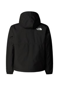 Veste à capuche noire en tissu synthétique lisse avec des poignets élastiques et un logo sur le haut du dos ; design minimaliste, sans poches visibles.