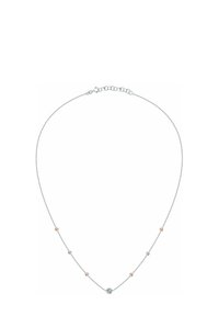 Silberne Kettenanhänger mit abwechselnd roségoldenen und silbernen sphärischen Akzenten, minimalistischem Design und verstellbarem Verschluss.
