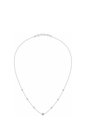 Silberne Kettenanhänger mit abwechselnd roségoldenen und silbernen sphärischen Akzenten, minimalistischem Design und verstellbarem Verschluss.