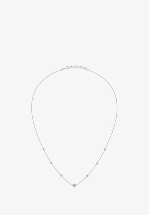 Silberne Kettenanhänger mit abwechselnd roségoldenen und silbernen sphärischen Akzenten, minimalistischem Design und verstellbarem Verschluss.