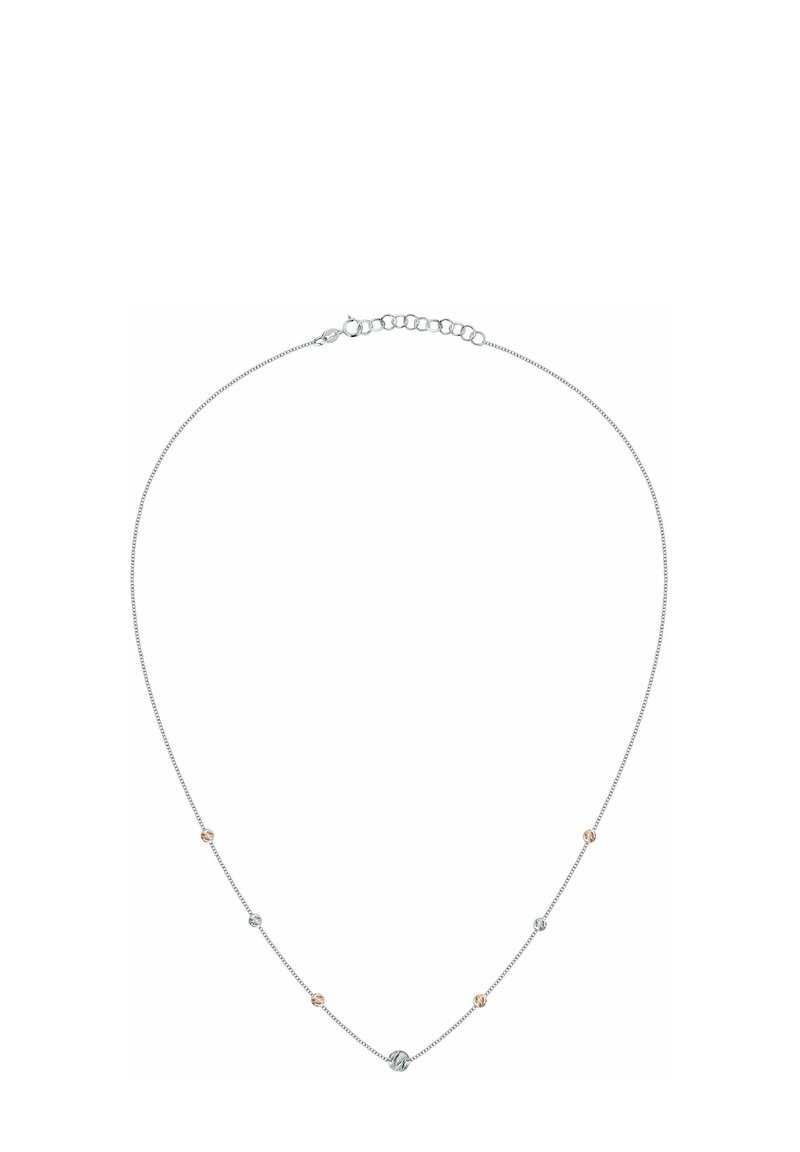 Silberne Kettenanhänger mit abwechselnd roségoldenen und silbernen sphärischen Akzenten, minimalistischem Design und verstellbarem Verschluss.