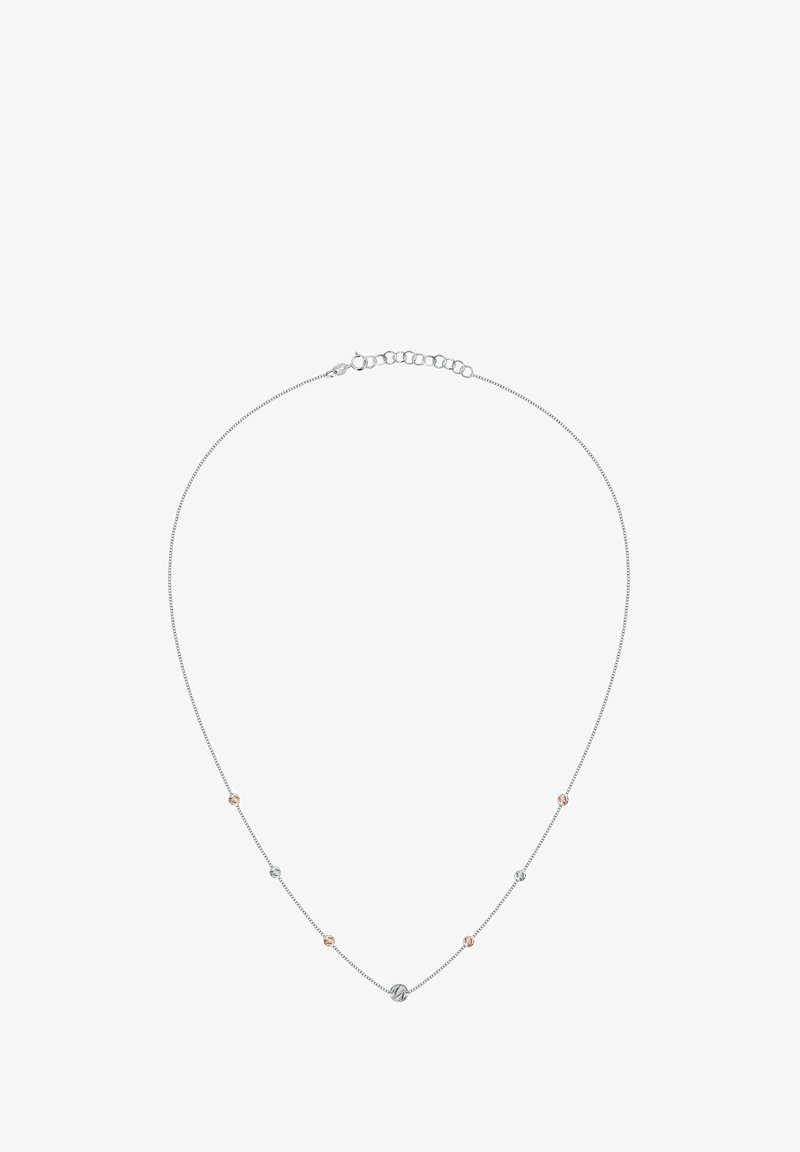Silberne Kettenanhänger mit abwechselnd roségoldenen und silbernen sphärischen Akzenten, minimalistischem Design und verstellbarem Verschluss.