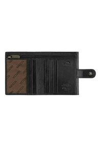 Portafoglio in pelle nera con una tasca con zip, diversi scomparti per carte e un portacarte marrone con un motivo logo sottile.