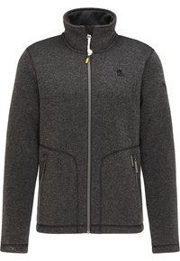Šedá fleecová bunda s vysokým límcem, předním zipem a bočními kapsami. Vyznačuje se zesílenými švy a malým logem na hrudi.
