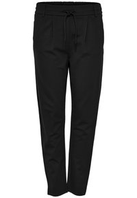 Svarta sweatpants med dragsko i midjan, två framtida veck, avsmalnande ben och slät textur. Inga fickor eller synlig hårdvara.