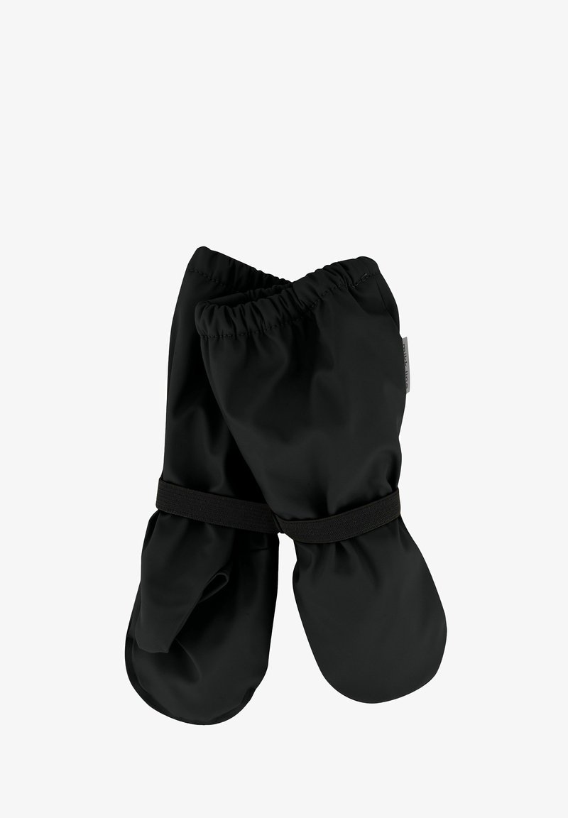 Mănuși impermeabile negre cu încheietură elastică și curea ajustabilă, având un exterior neted și un design rotunjit, supradimensionat pentru căldură.