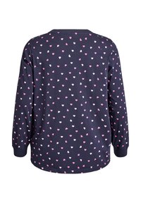 Koszula z długim rękawem w ciemno granatowym kolorze, z wzorem małych, rozproszonych różowych i białych serc. Okrągły dekolt i ściągacze przy rękawach.