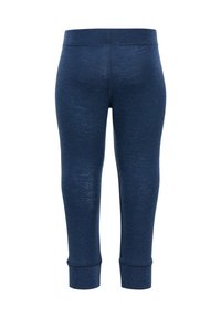 Granatowe, przycięte legginsy o gładkiej, elastycznej strukturze. Posiadają szeroki pas i dopasowane kostki z subtelnymi detalami w szwie.