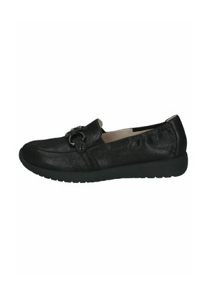 Black leather slip-on loafer with rounded toe, low wedge sole, and decorative metal buckle on upper side.